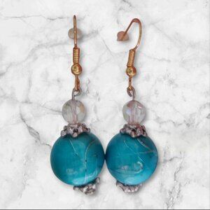 Turquoise Drawbench Glass Earrings, Silver Caps, Gold Wire, 2.75 in Handmade